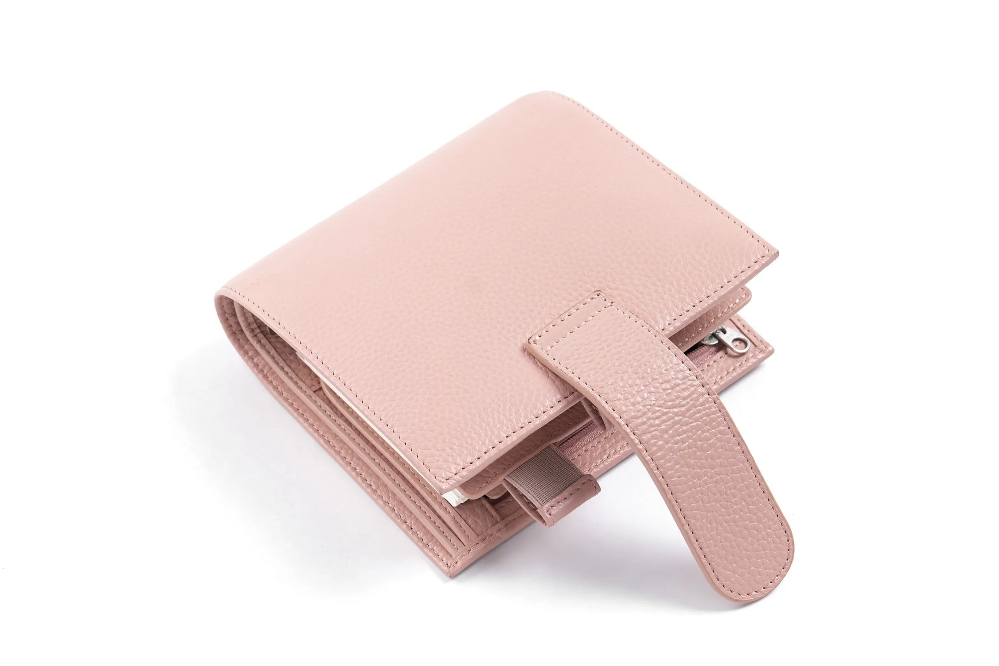 Moterm Luxe 2.0 pocket planner in pink pebbled leather with a strap closure
