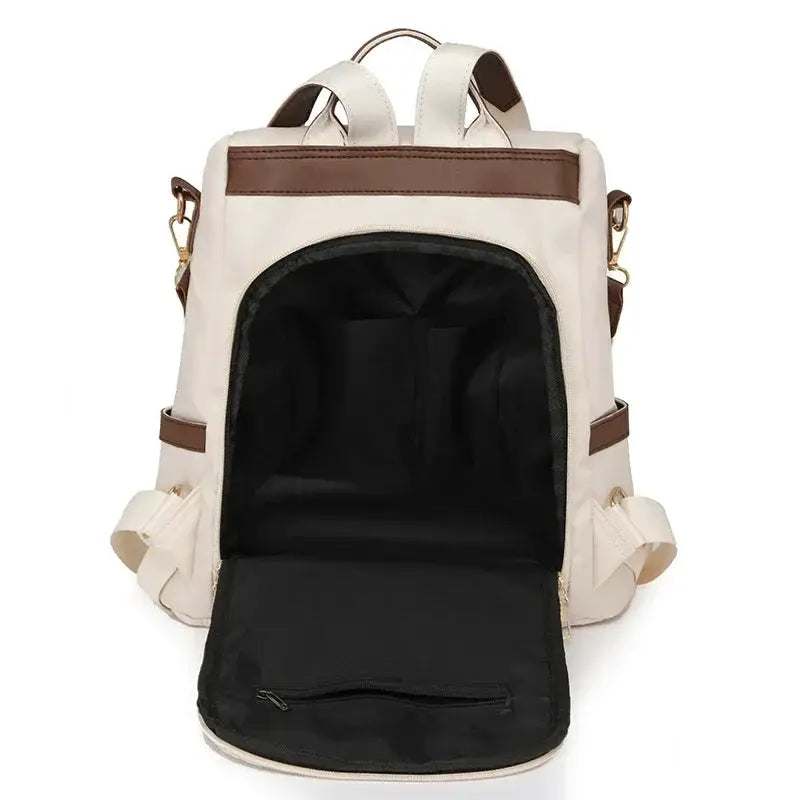 Simples Market nylon anti-theft backpack in beige with brown trim, large-capacity travel/school bag