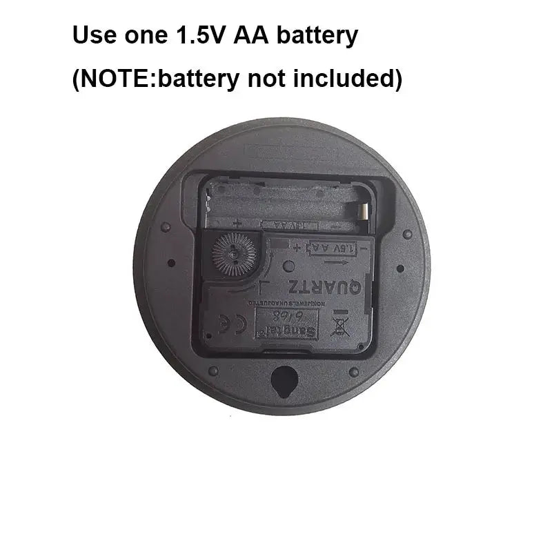 Round black wall clock back with AA battery compartment and adjustment wheel; battery not included