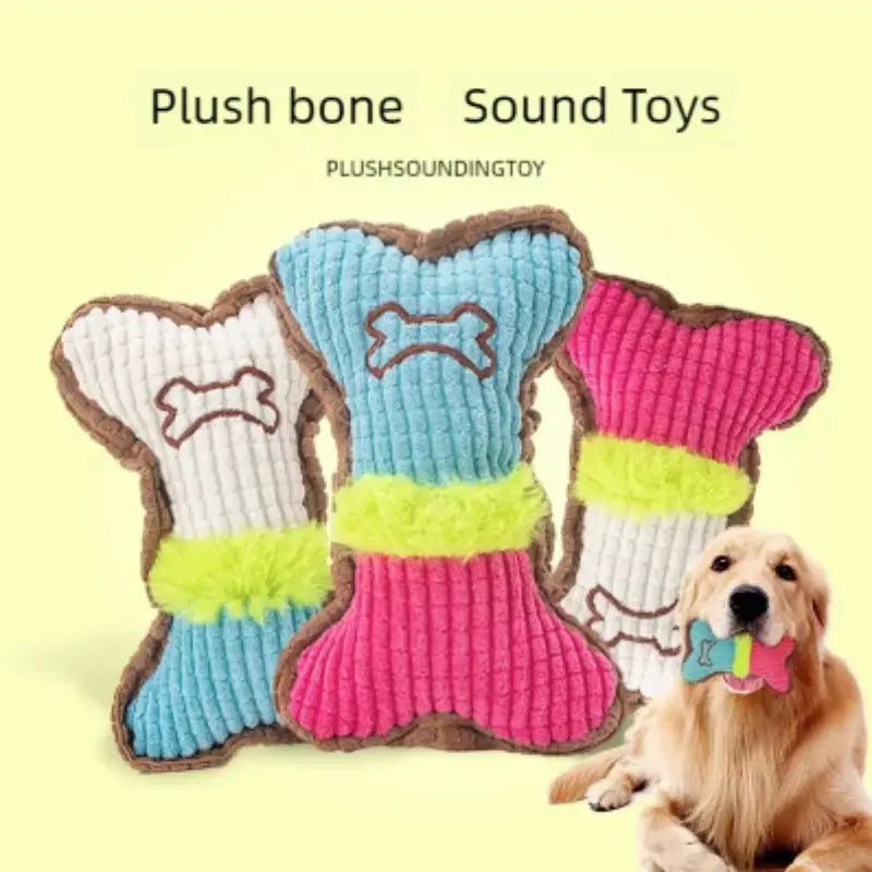 Three bone-shaped plush dog squeaky chew toys in blue, pink and white for small to medium breeds