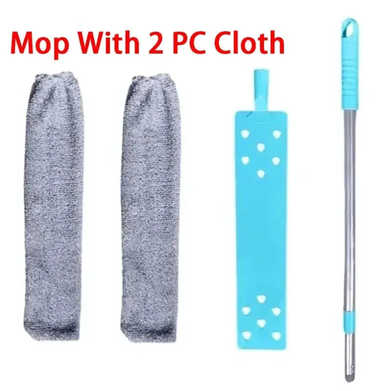 Telescopic mop with bendable head and 2 microfiber cloths, blue handle for home cleaning