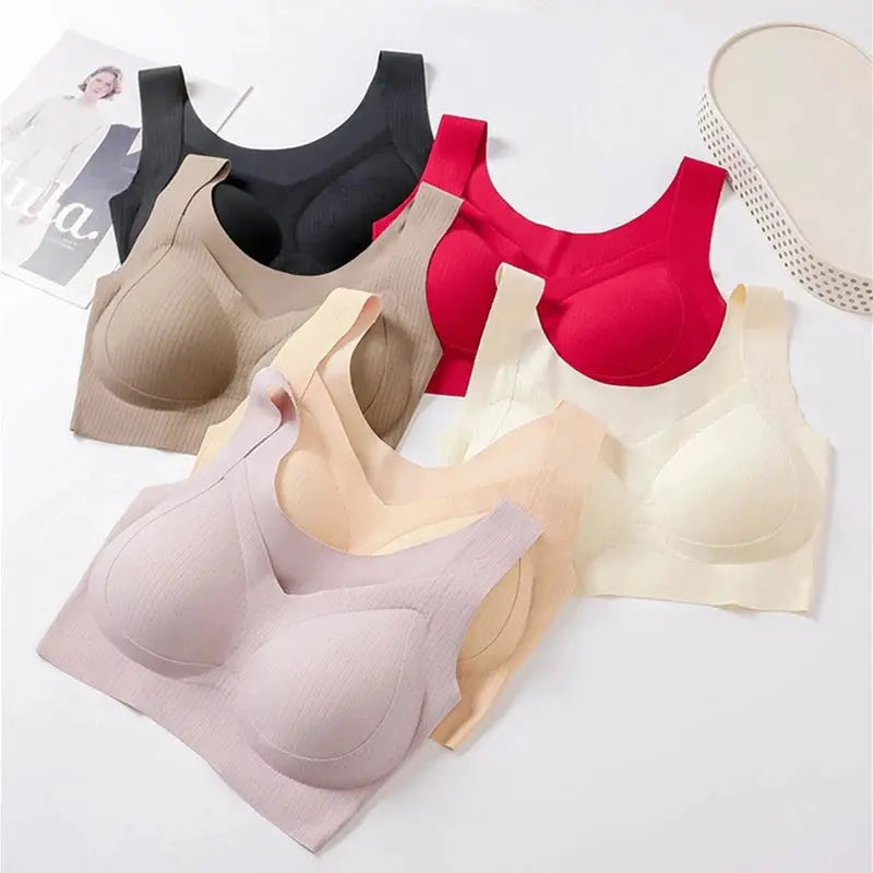 Simples Market six-piece one-piece traceless fixed-cup bra set in assorted colors.