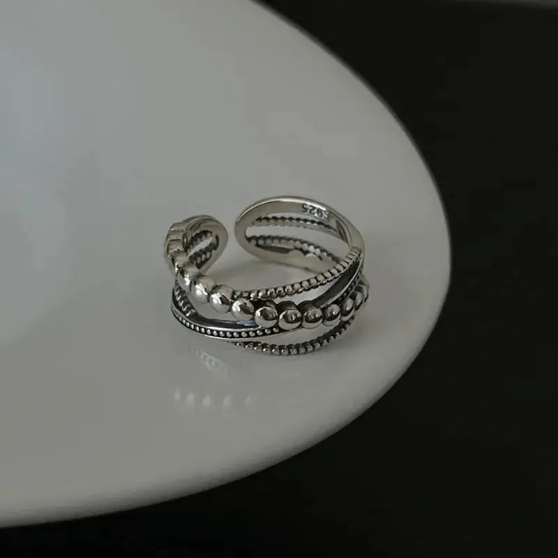 Ventfille 925 Sterling Silver Rings Fashion Hip Hop Vintage Couples Hollow Lines Punk Silver Party Adjustable Jewelry
