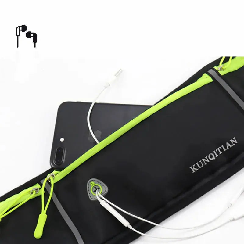KUNQITIAN fanny pack waist bag, black with neon-green zipper, lightweight waterproof