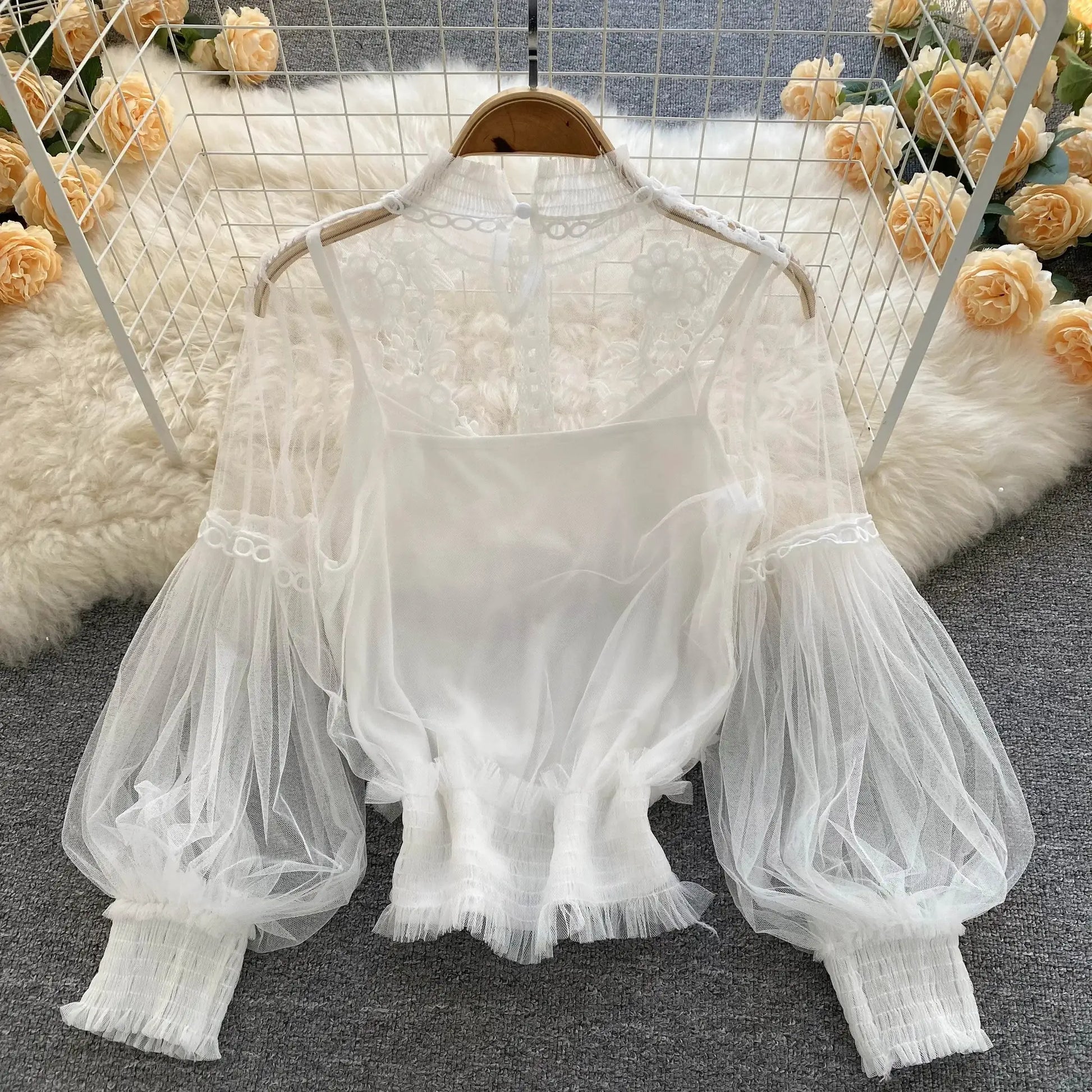 Lace Puff Long Sleeve Blouse in white sheer floral lace, vintage feminine top