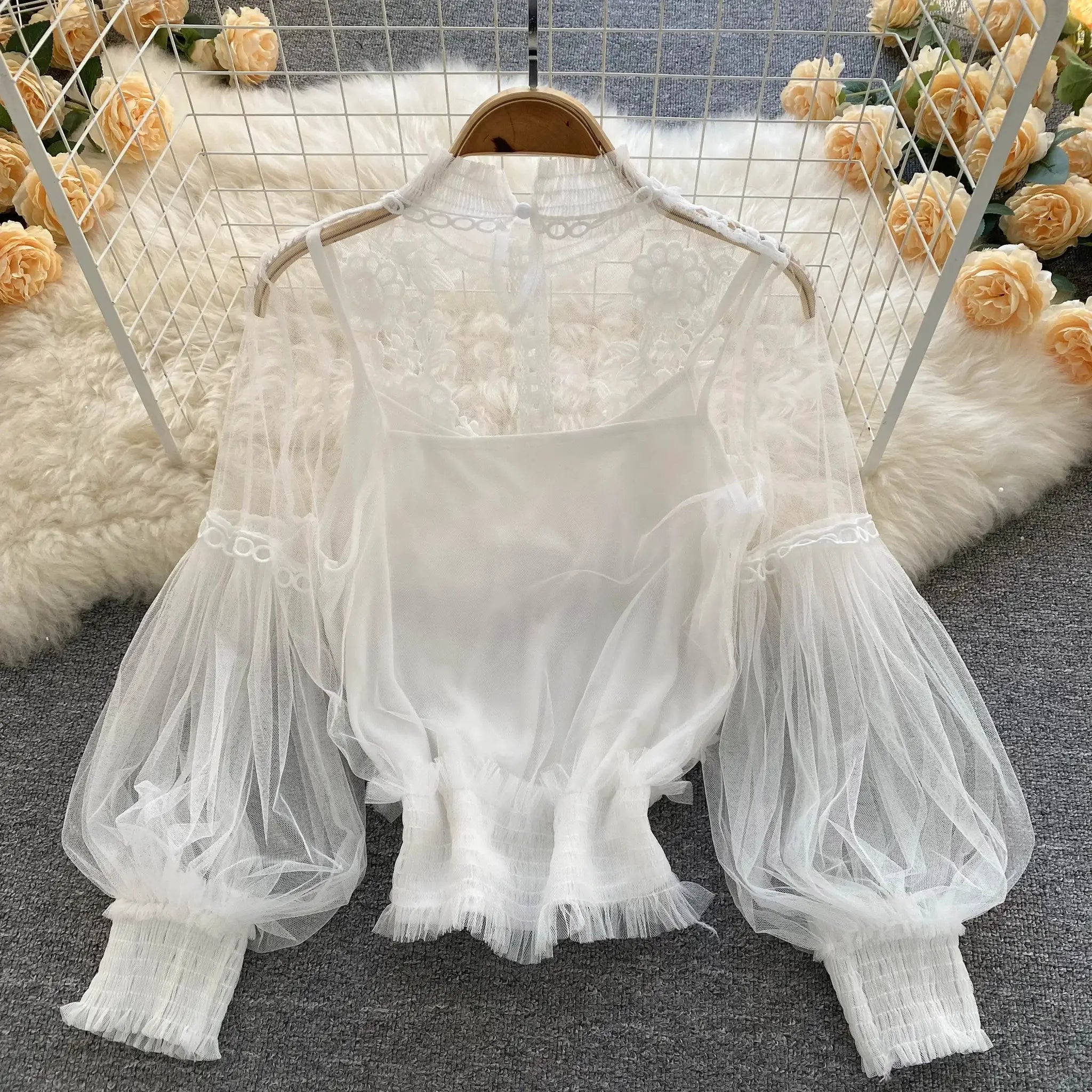 Lace Puff Long Sleeve Blouse in white sheer floral lace, vintage feminine top