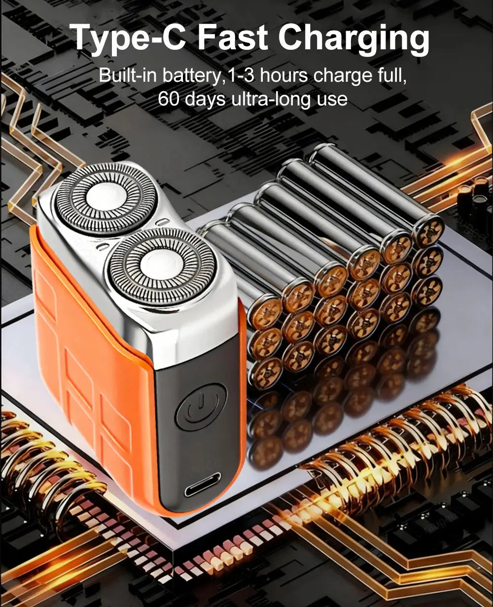 Mini electric shaver for men with dual rotary blades and orange-black handle, portable rechargeable beard trimmer