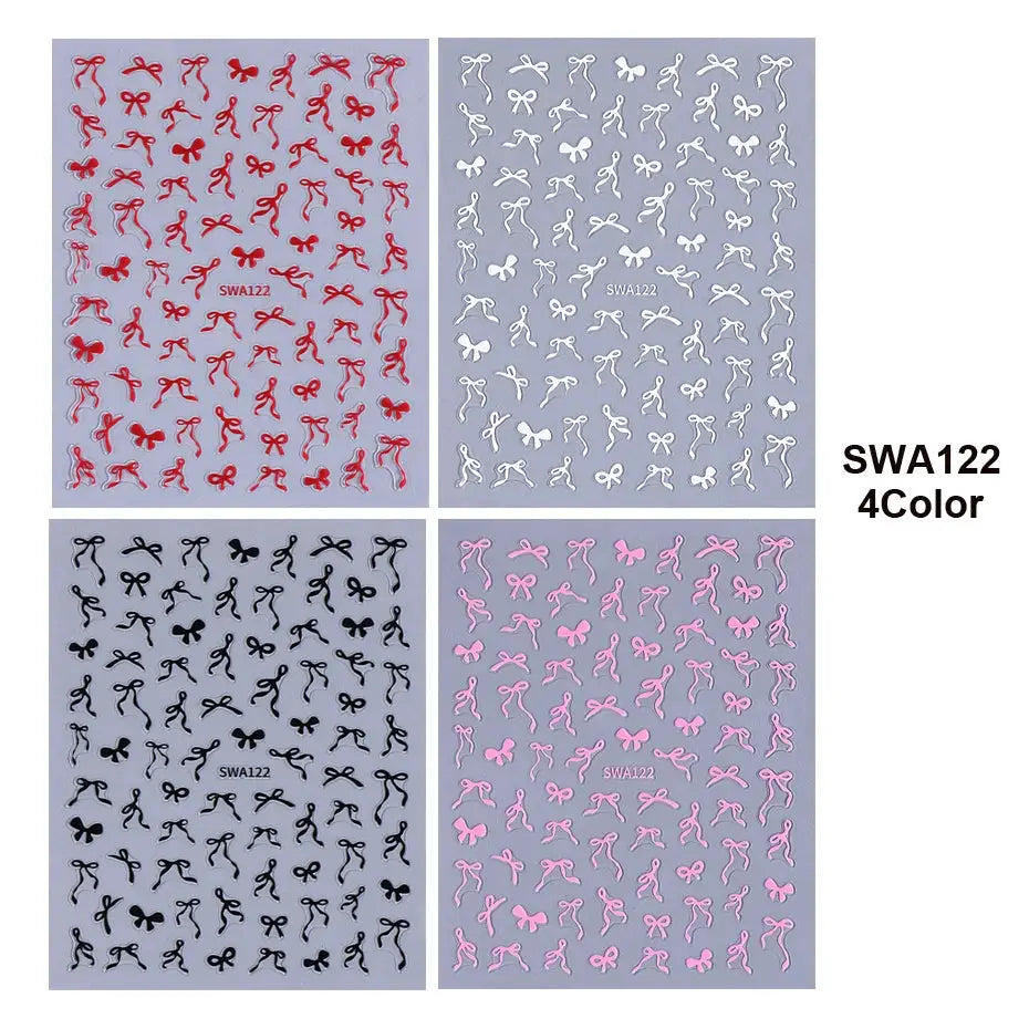Bowknot ribbon nail stickers set; 4 color sheets (red, white, black, pink) self-adhesive decals for manicure