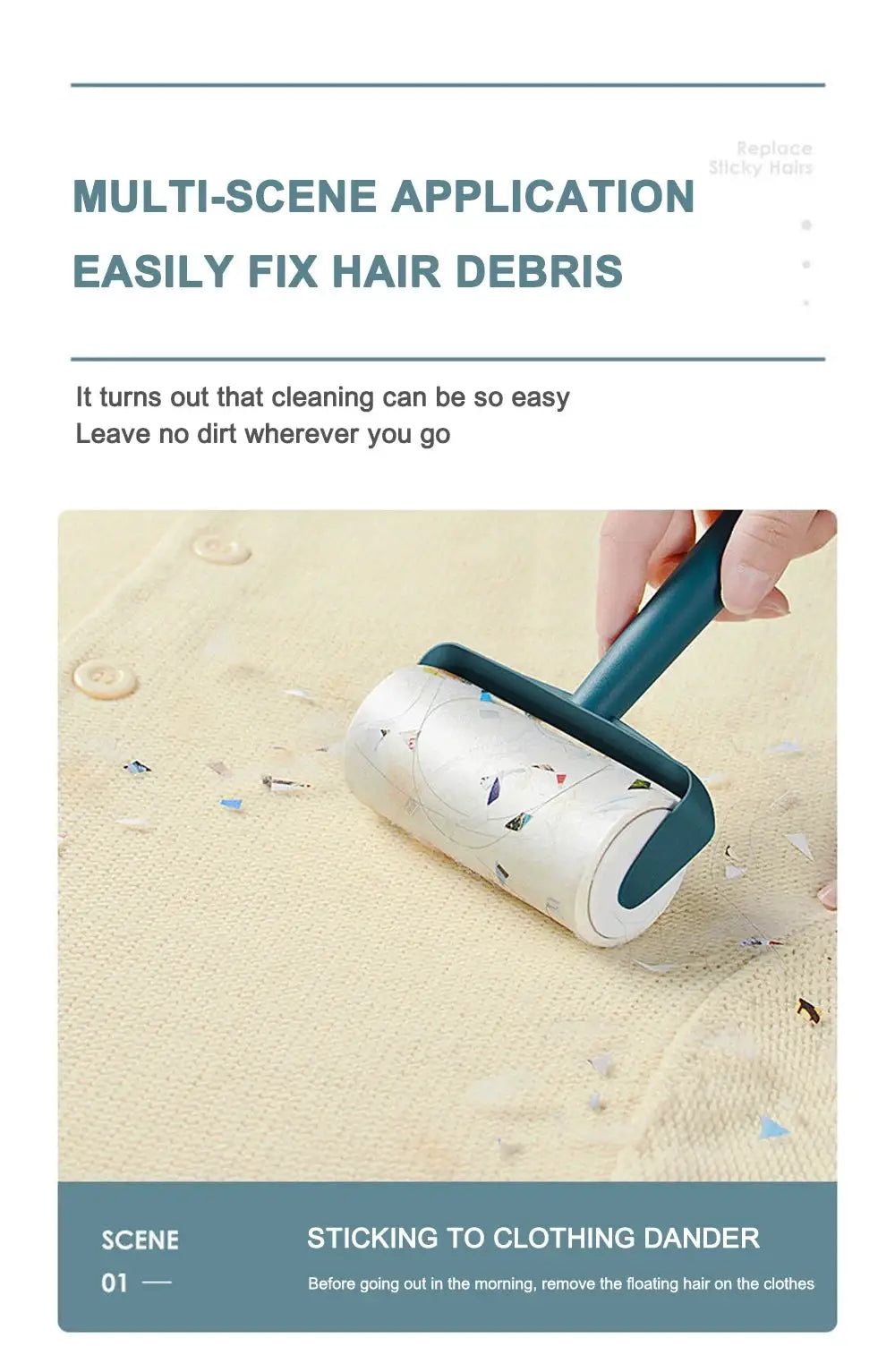 Simples Market teal-handled lint roller with tearable paper roll for pet hair on clothing