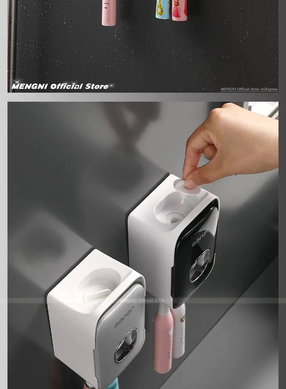 MENGNI toothpaste dispenser and toothbrush holder wall-mounted rack, white units with gray fronts, 2-pack