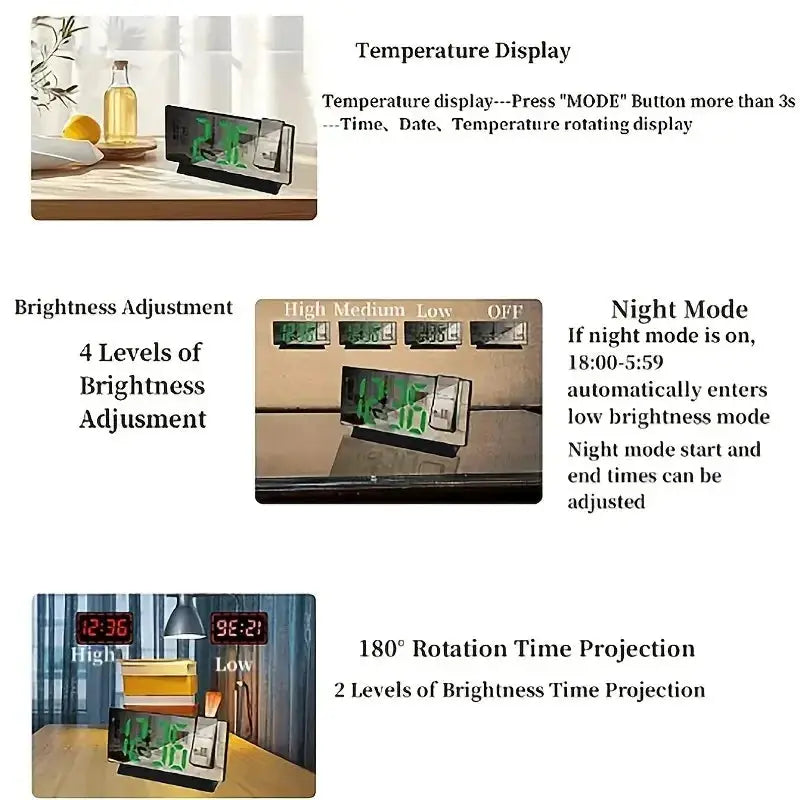 Projection alarm clock Simples Market; large LED display with 180° back and ceiling projection