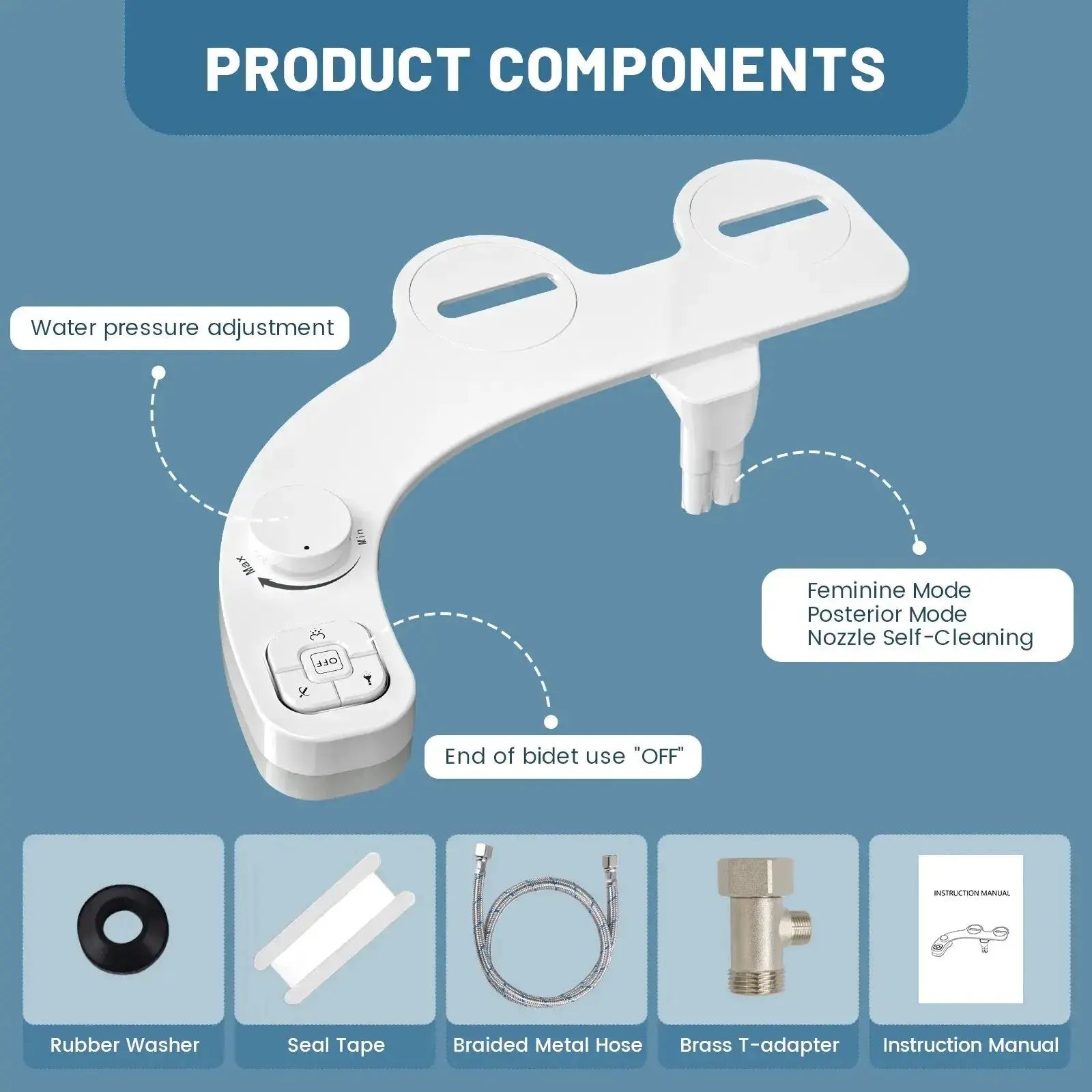 Simples Market SAMODRA non-electric bidet seat with dual self-cleaning front and rear nozzles; white plastic