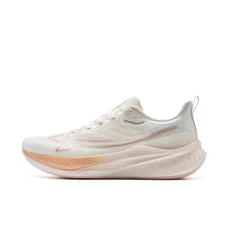 Xtep men's running shoes in white with peach accents, mesh upper, lightweight cushioned wear-resistant midsole