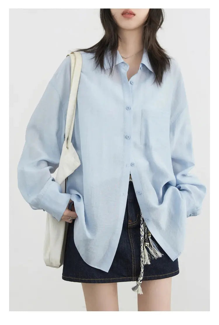 CHIC VEN Women long-sleeve shirt in light blue by Simples Market, oversized casual blouse.
