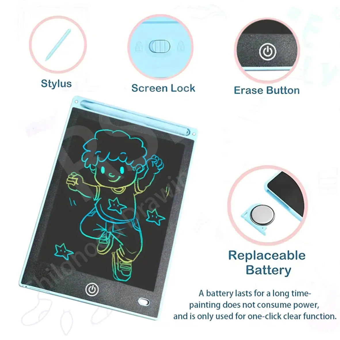 Simples Market LCD drawing tablet for kids, blue with stylus and erase button