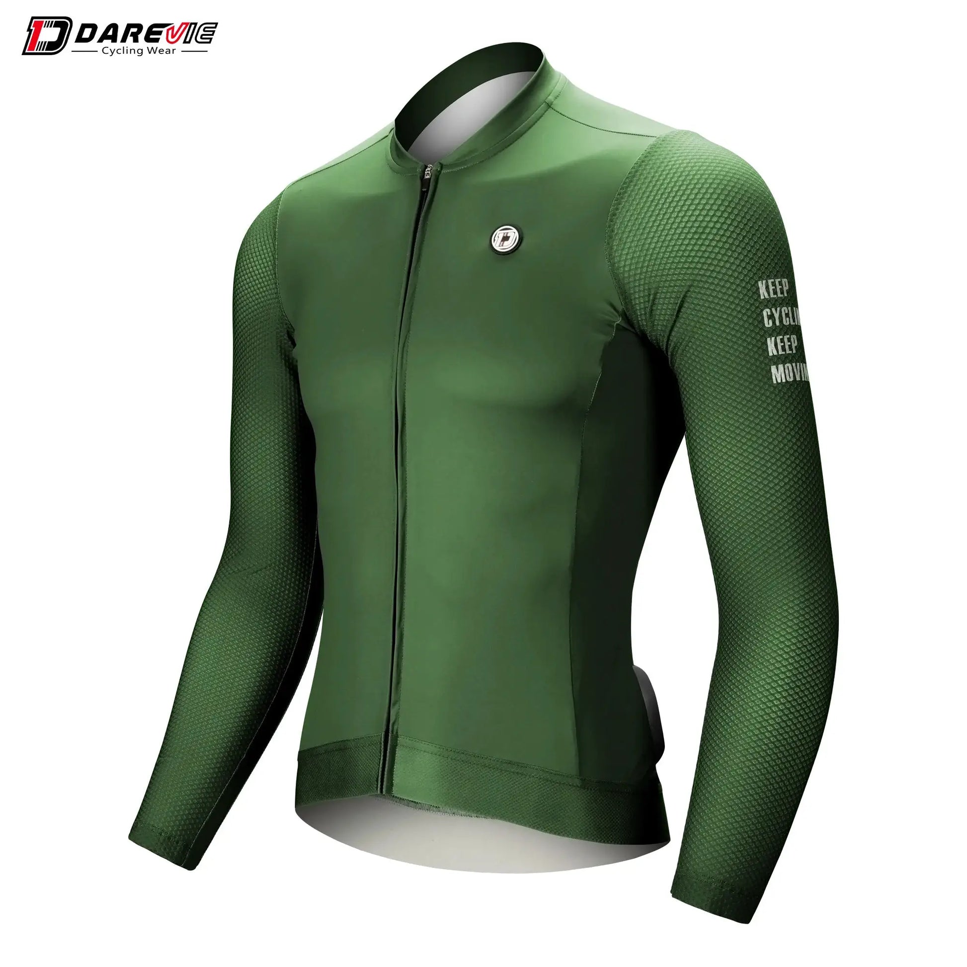 DAREVIE cycling jersey in green, long-sleeve with textured mesh sleeves, front-zip design, chest logo