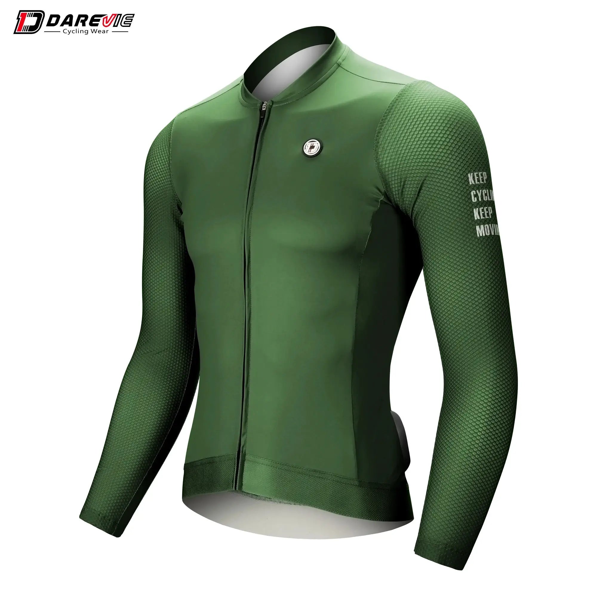 DAREVIE cycling jersey in green, long-sleeve with textured mesh sleeves, front-zip design, chest logo