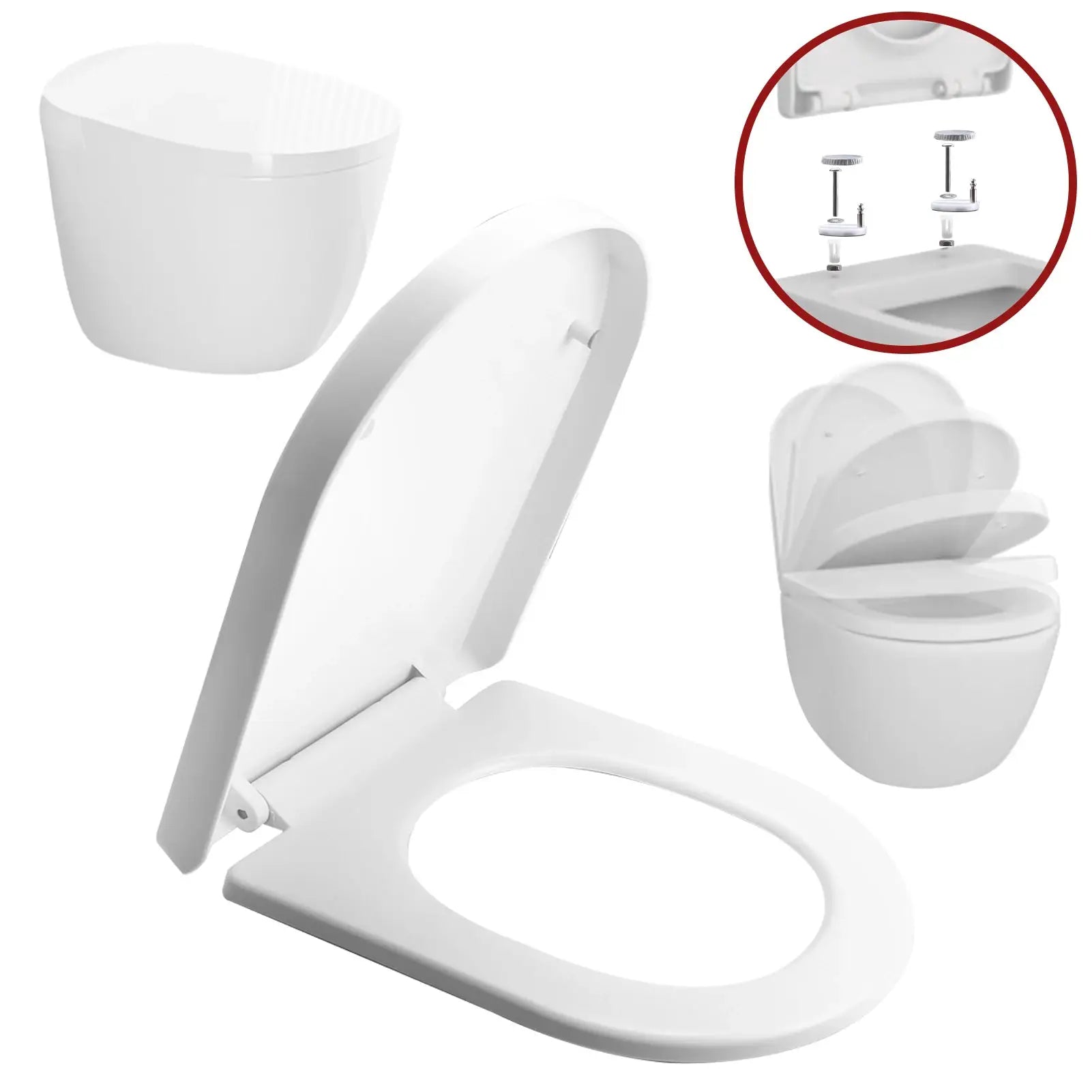 O-shaped toilet seat with slow-close lid, white; Simples Market, includes mounting hardware.