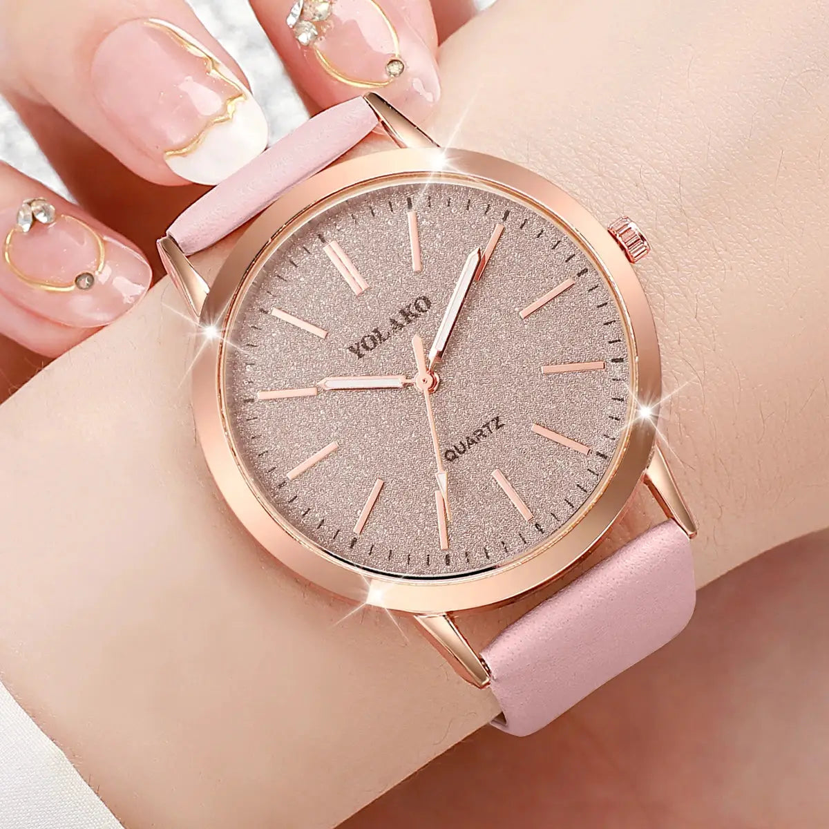 Simples Market rose-gold women's quartz watch with glitter dial and pink leather strap