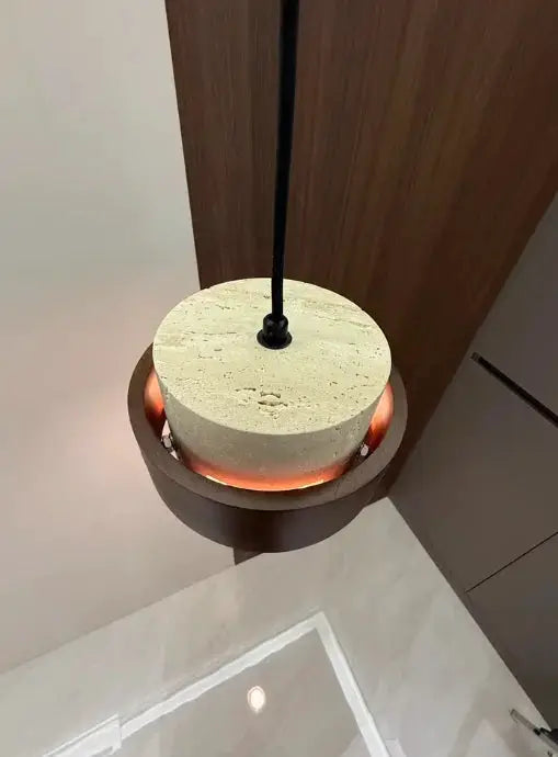 Japanese Wabi Sabi style bar pendant lamp with concrete round shade and warm glow