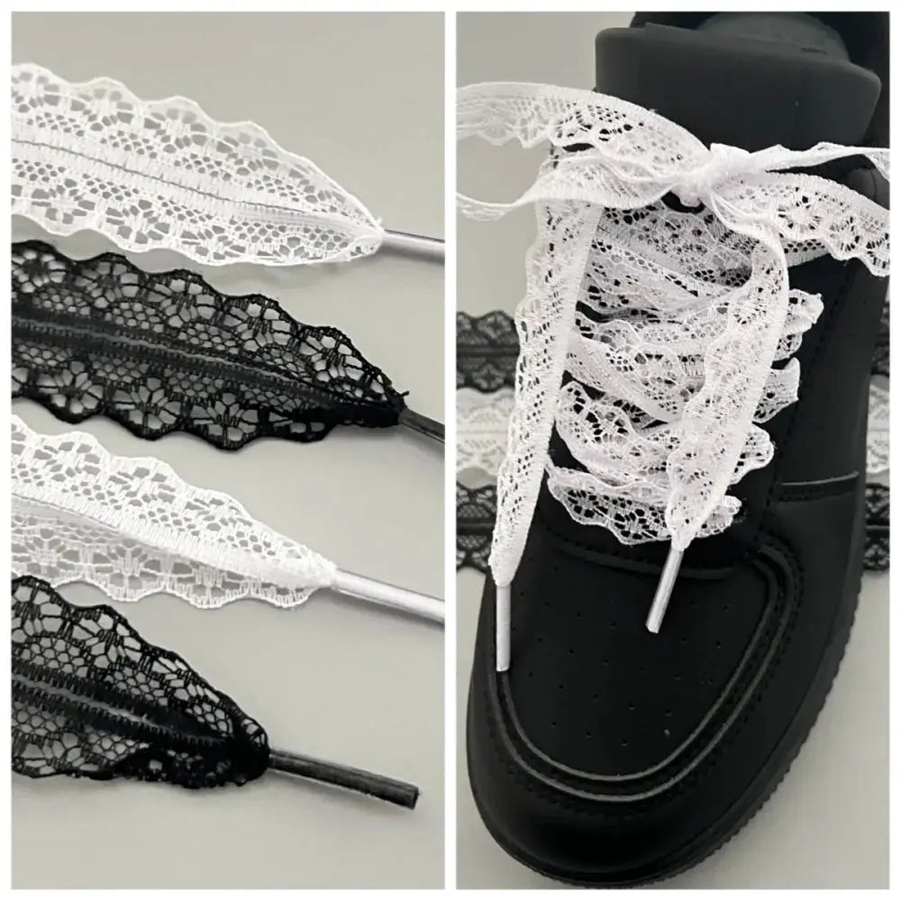 Set of four black and white lace-up flat shoelaces with floral pattern for sneakers, shown on a black boot