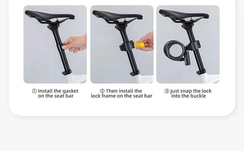 RockBros bicycle lock with keys; zinc alloy cable, black finish, seat-post mount, three-step installation images