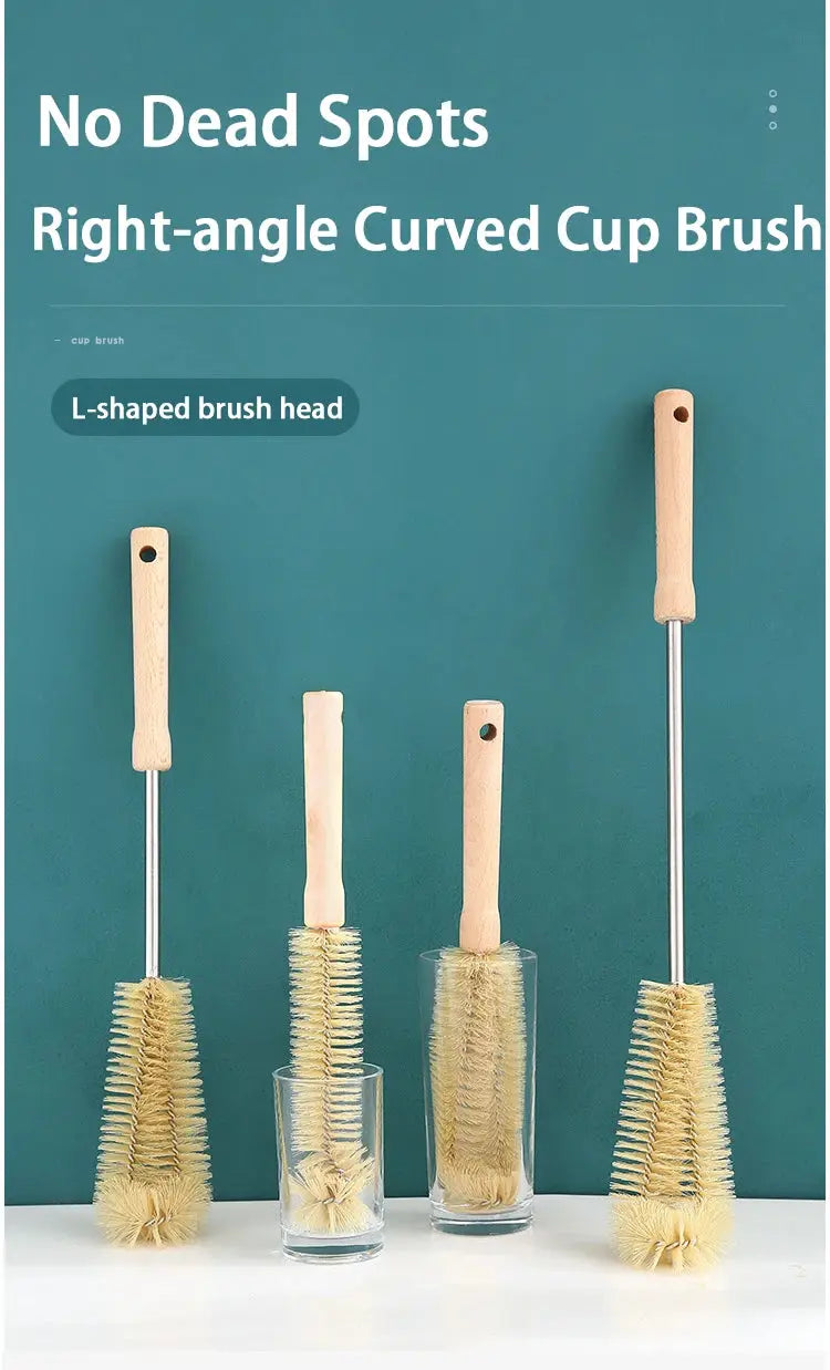 Wooden bottle cleaning brushes set with long handles; 4 beige-bristled brushes.