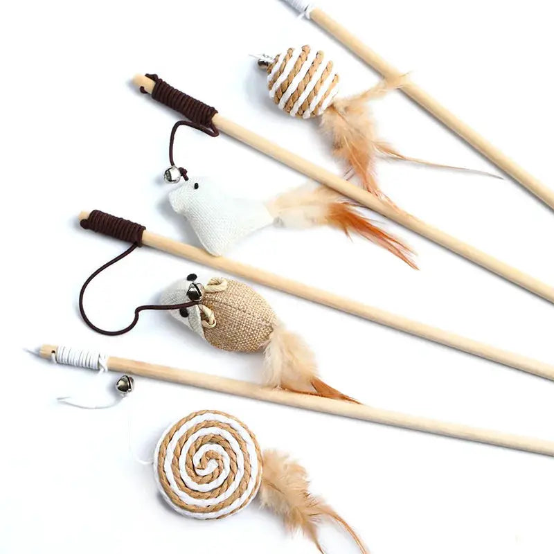 Teaser Feather Cat Wand Toy With Wood Rod Interactive Kitten Toy Colorful Feathers For Exercise And Bonding