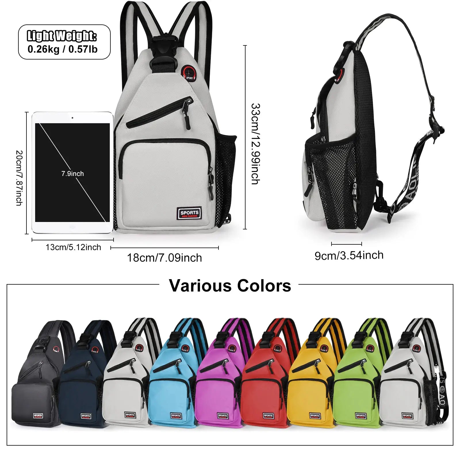 Women's chest bag backpack in light gray Oxford fabric with earphone hole and adjustable strap
