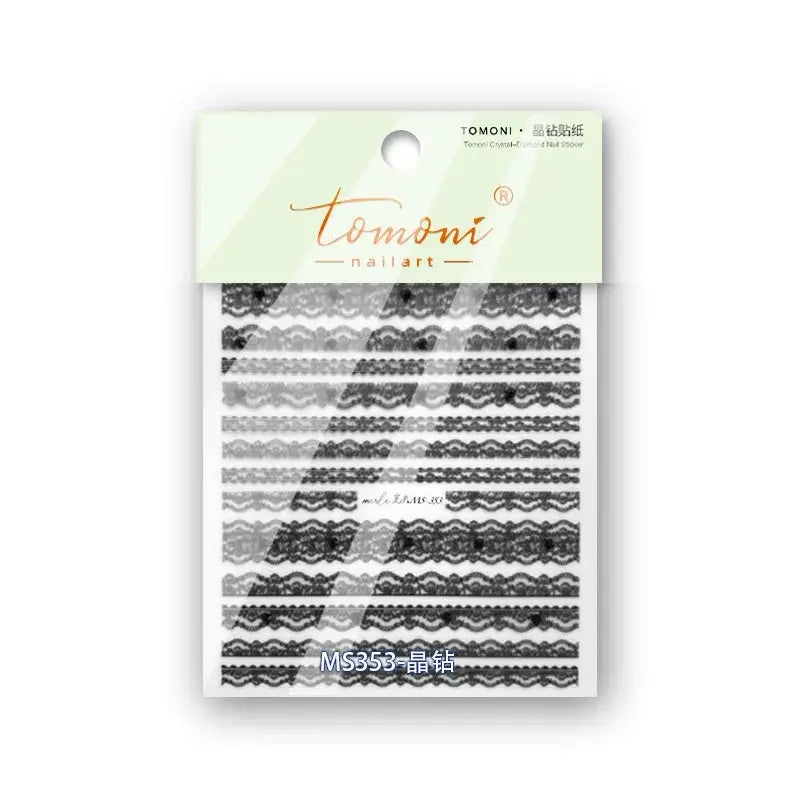 Nail art lace sticker sheet by Tomoni with black lace stripe designs, adhesive MS353.