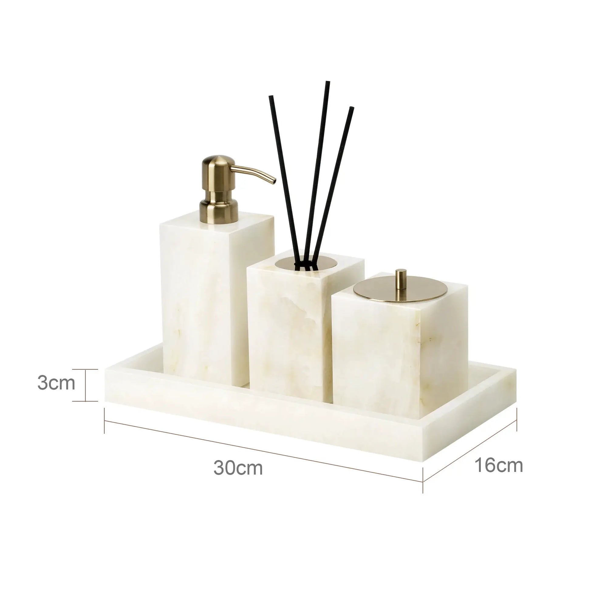 White onyx marble bathroom accessories set, 3-piece, featuring a gold soap dispenser and black reed diffuser sticks