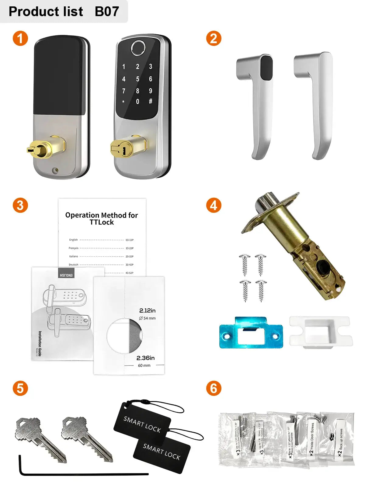 Wifi smart door lock with APP and keypad; includes screws, strike plates, latch, keys, and manuals by Simples Market.