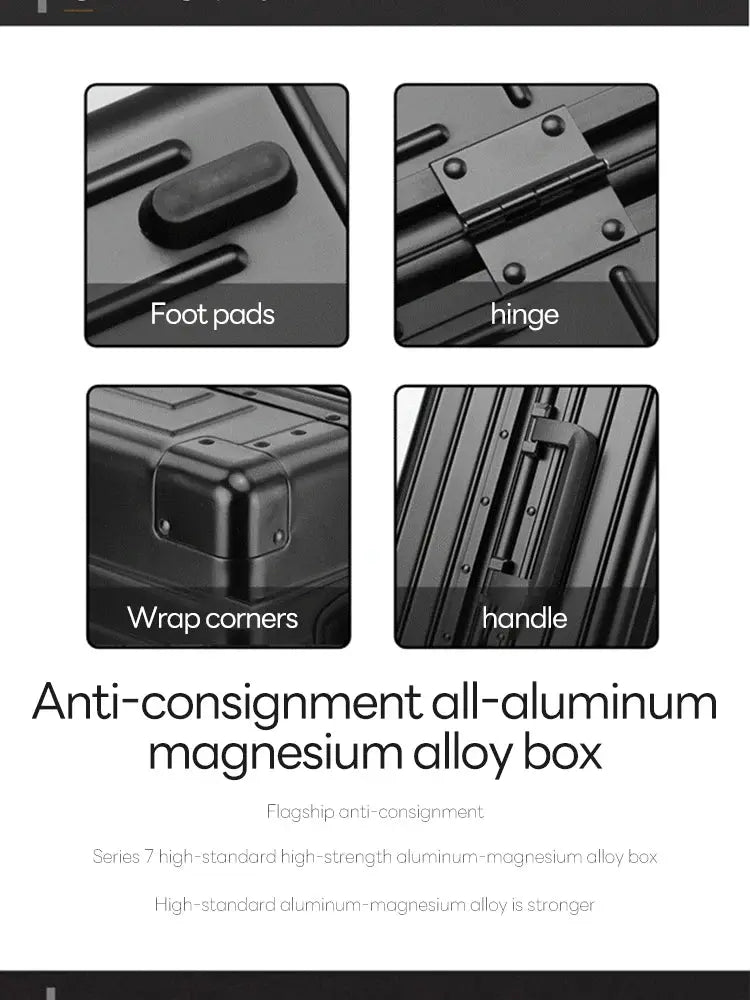 Simples Market travel suitcase made of aluminum-magnesium alloy with reinforced corners, hinge, foot pads, and handle