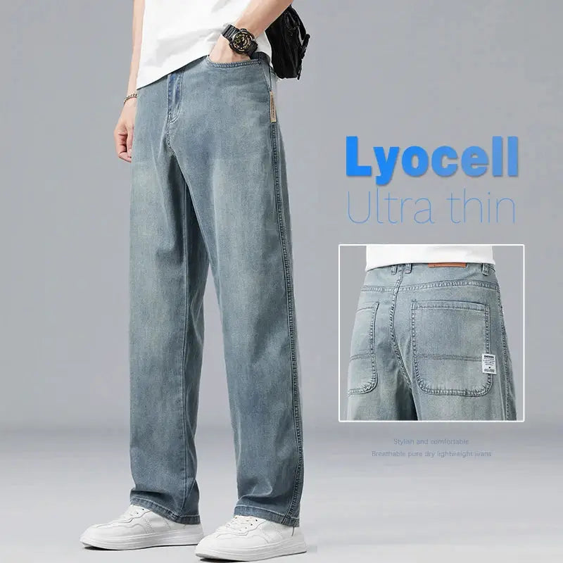 Men's Lyocell jeans by Simples Market in light blue, ultra-thin, loose straight fit.