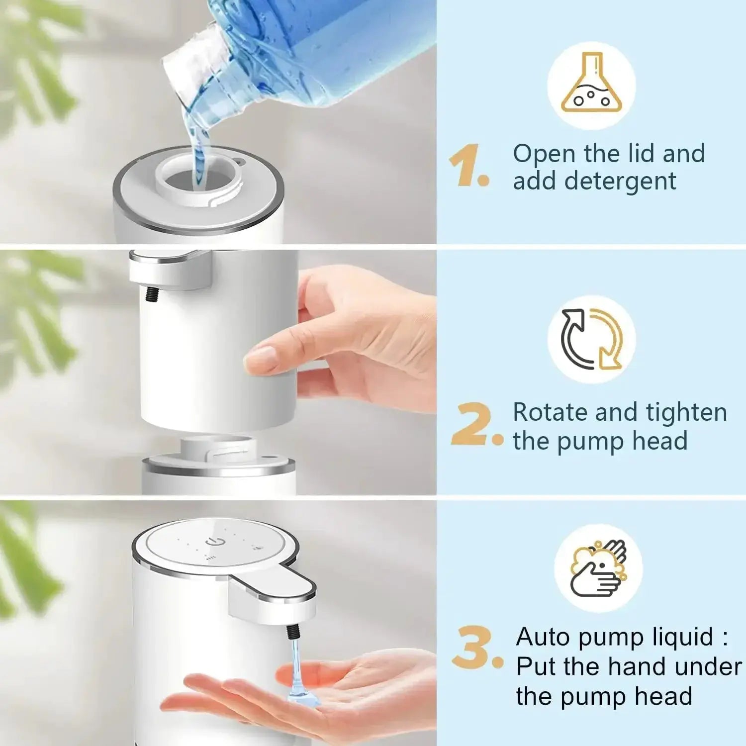 Automatic touchless soap dispenser by Simples Market with infrared sensor, USB rechargeable, white with chrome accents