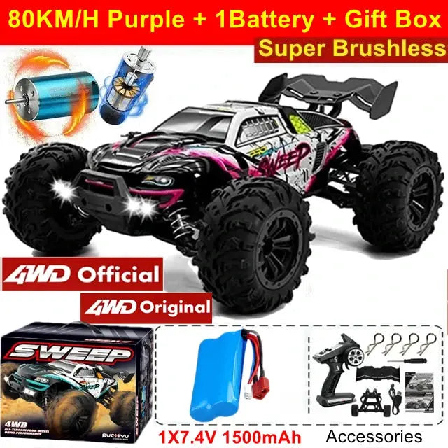 4WD Remote Control Off Road 4X4 High Speed Brushless Buggy Truck 80 KMH Drift Racing Toy for Kids and Adults