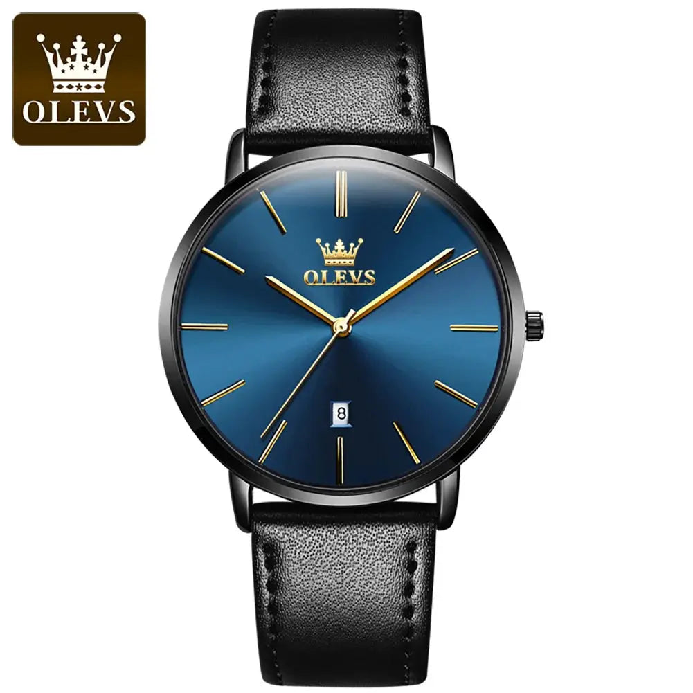 OLEVS men's quartz wristwatch with blue dial, gold-tone hands and markers, black leather strap, date window.
