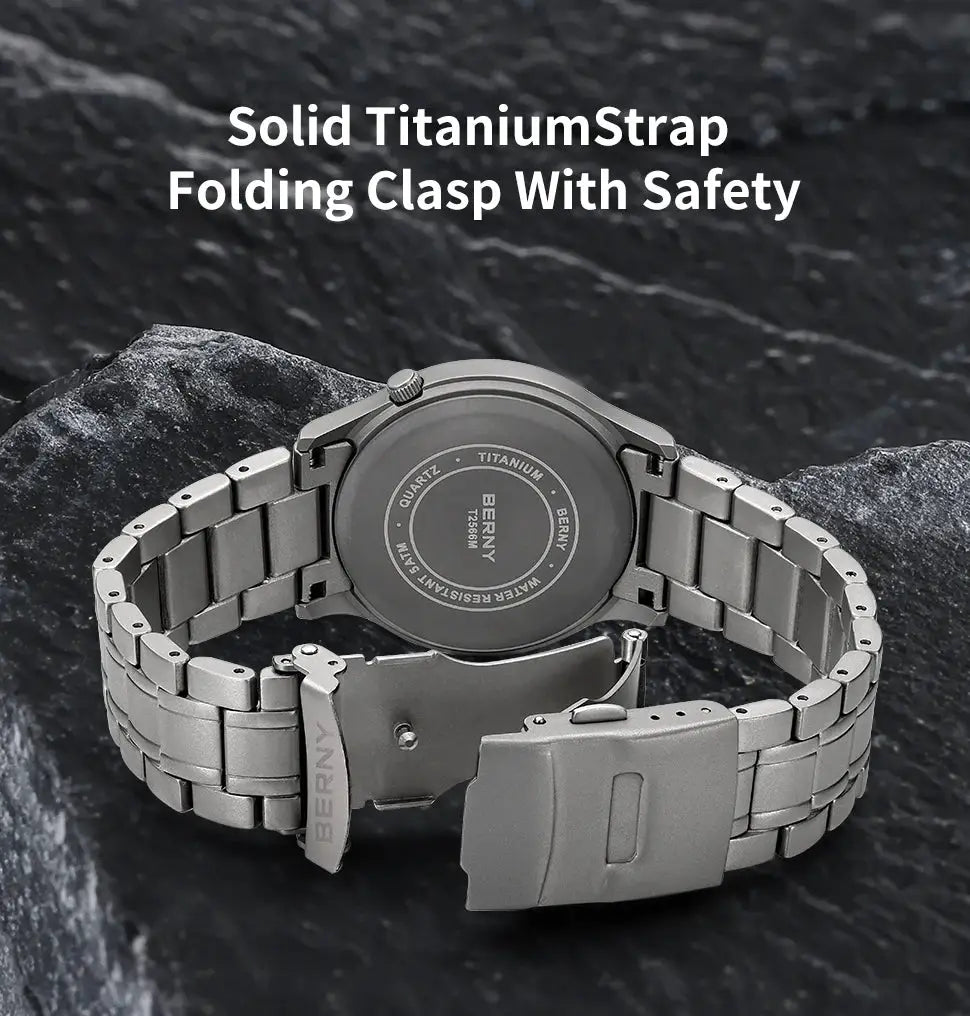 BERNY Titanium Watch for Men with solid titanium strap and folding clasp safety, Simples Market