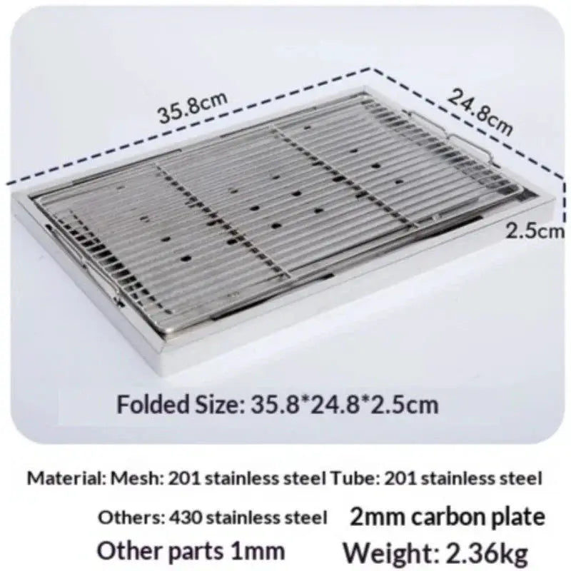 MOUNTAINHIKER 304 stainless steel portable BBQ grill; Simples Market foldable table grill, folded 35.8×24.8×2.5 cm.