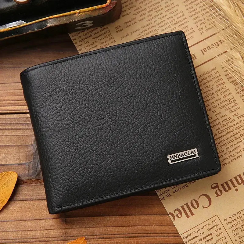 Men's black genuine leather wallet by Jinbaolai, textured cowhide, compact bi-fold