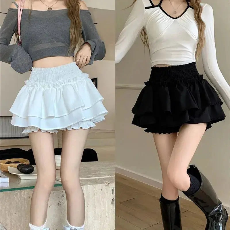 Mini Skirt Balletcore Elastic High Waist Patchwork Ruffle Lolita Short Y2K Korean Sweet Cute Sexy Womens Clothing
