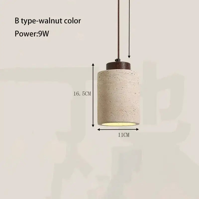 LED pendant lamp with stone-textured beige shade and walnut top, Simples Market, 9W, 11cm diameter x 16.5cm height