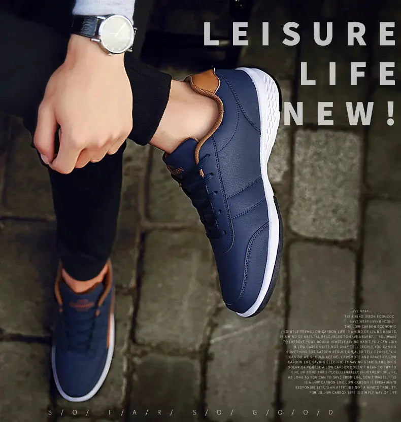 Leather men's sneakers by Simples Market in blue with brown trim for casual leisure footwear