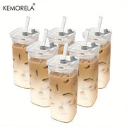 Square Heat Resistant Glass Transparent Cups With Lids And Straws Set Of 1 2 4 6 For Coffee Milk Tea Juice Mug