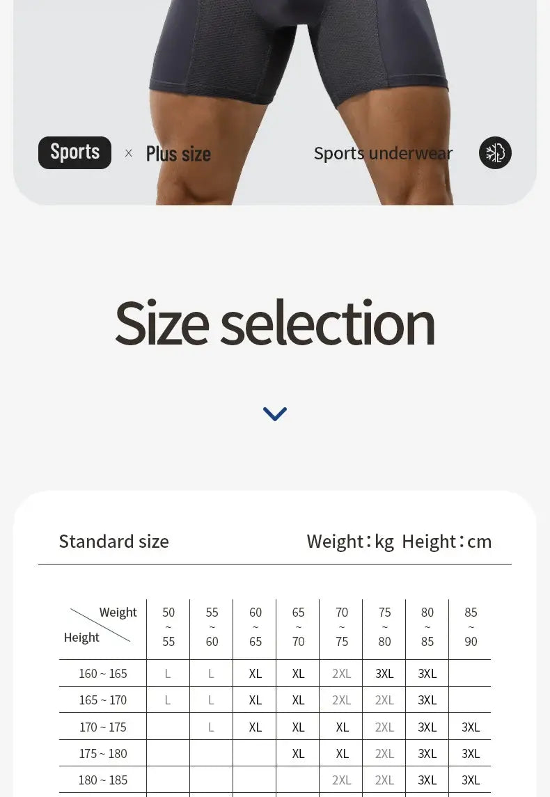 Extra Long Sports Underwear Men's Boxer Briefs in black, breathable fabric; size chart with weight/height grid