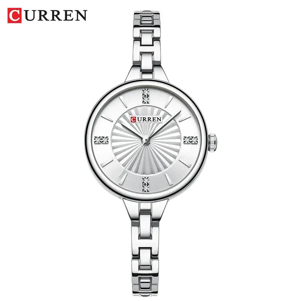CURREN women's quartz watch with silver stainless steel strap and round dial with crystal markers.