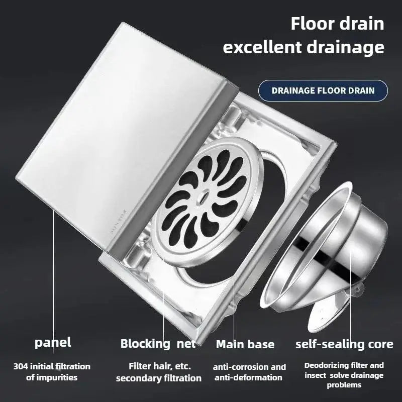 Floor drain by Simples Market—304 stainless steel square hidden base with anti-odor filtration