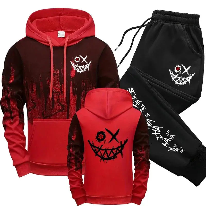 Men's two-piece tracksuit set with red and black splash-ink hoodie and matching black joggers