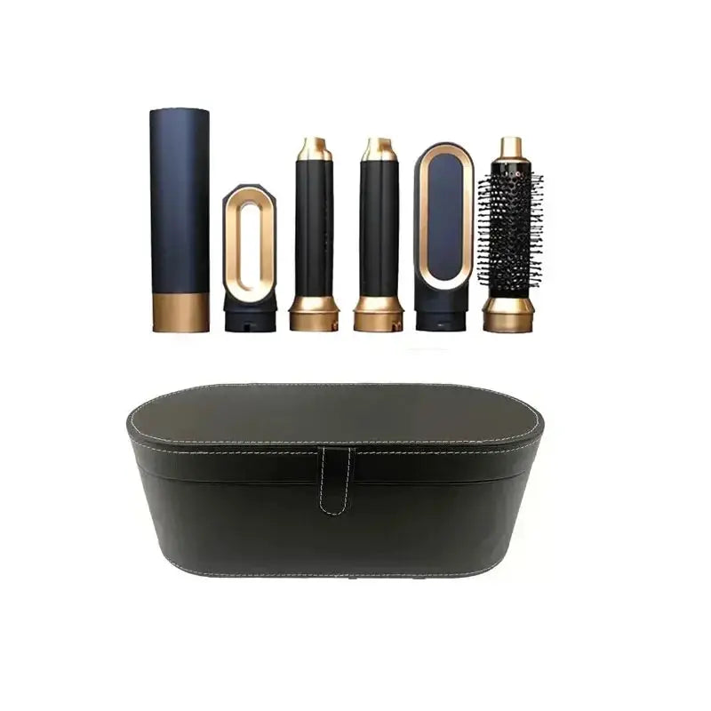 Simples Market 5-in-1 hair dryer brush set with gold-and-black attachments and carry case