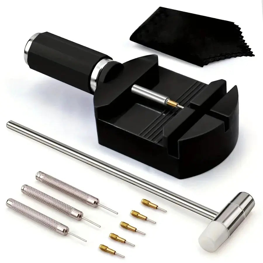 Simples Market watch link removal tool kit; multi-piece watch band adjustment set with hammer, rod and brass tips.